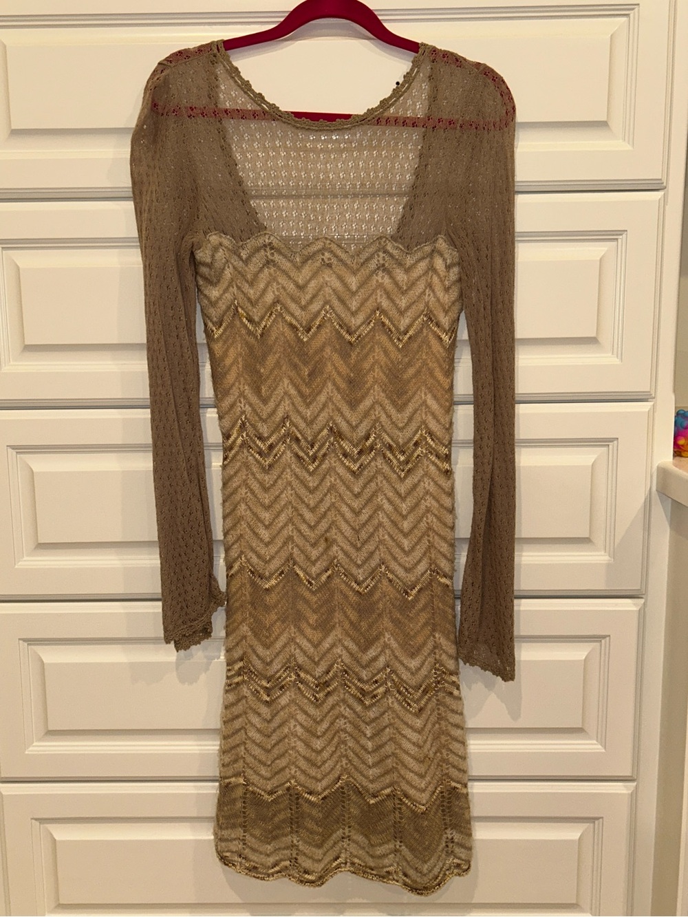 Free People Brown Sheer Chevron Long Sleeve Dress